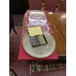 3 boxed silver plated trays, another and boxed butter knives