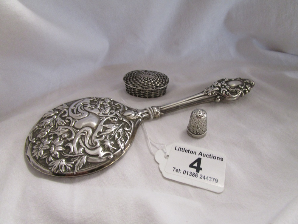 Hallmarked silver mirror, pill box & thimble