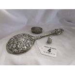 Hallmarked silver mirror, pill box & thimble