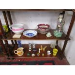 2 shelves of collectables to include paperweights, Oriental figure, Coy Carp plate etc