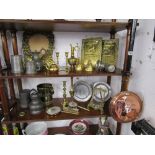 2 shelves of brass, copper & pewter