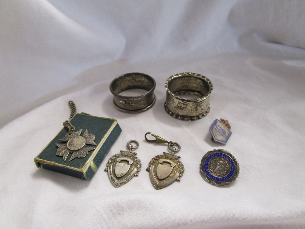 2 Silver nurses badges, 2 silver fobs etc