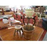 Small stool, brass bound pot, table & jardinière