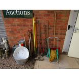 Large collection of garden tools, tin bath etc