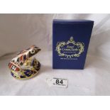 Boxed Royal Crown Derby frog paperweight with silver stopper