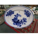 Very large blue and white meat plate by W Adams - Roses