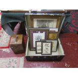 Travel trunk with a collection of framed pictures & microscope box