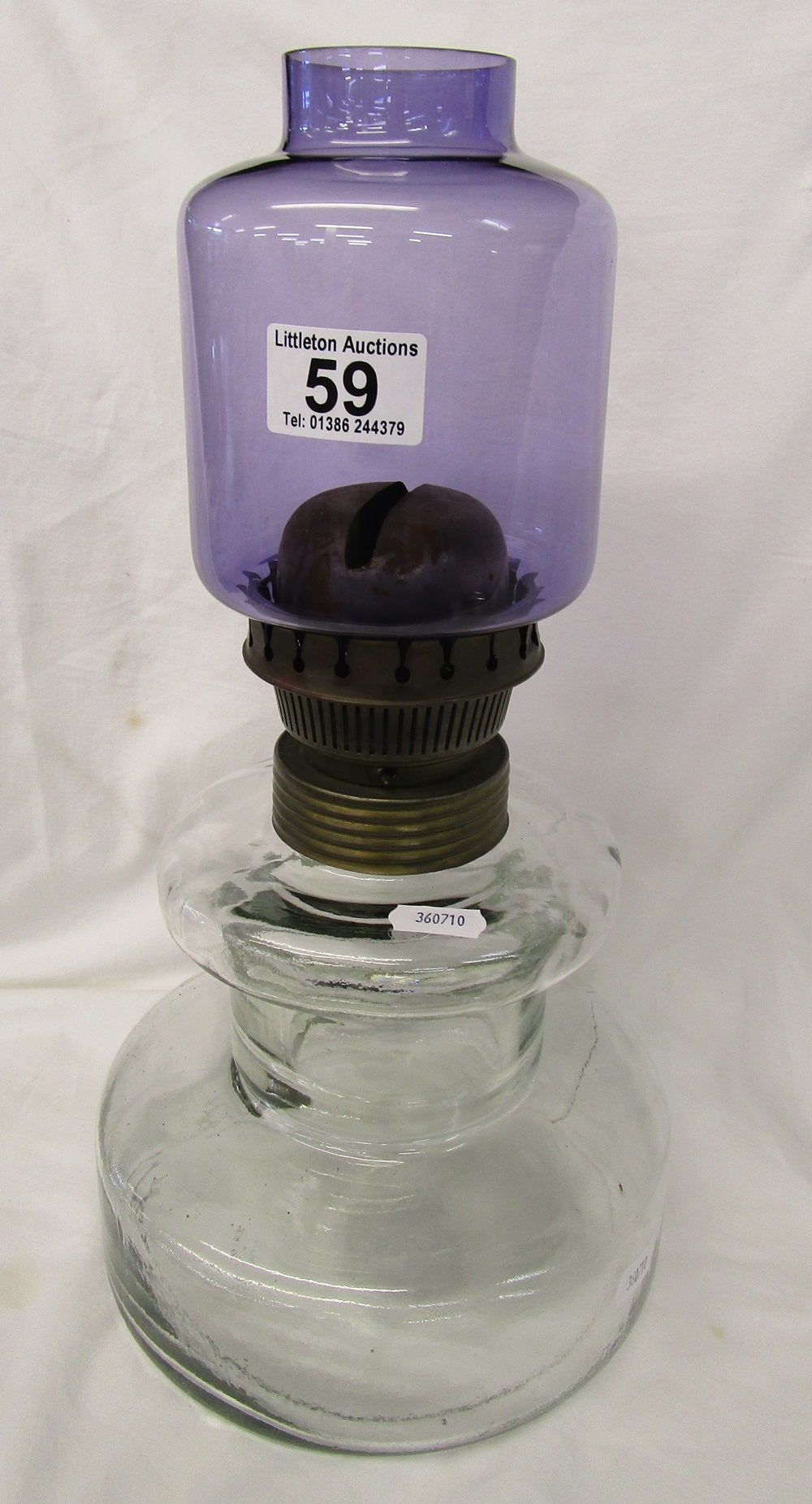 Oil lamp with lilac glass shade