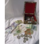 Small box of coins & bank notes