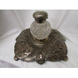 Large 19C Sheffield plated & cut glass inkwell depicting game birds etc