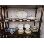 Caverswall 'Castle of Mey' dinner service, Delft jug, glass etc (over 2 shelves)