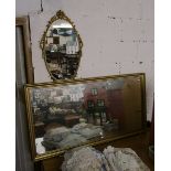 Large gilt framed & bevelled glass wall mirror & small oval mirror