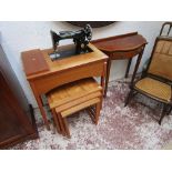 Singer sewing machine table, nest of 3 tables & Regency style hall table