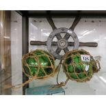 2 glass floats & miniature ships wheel