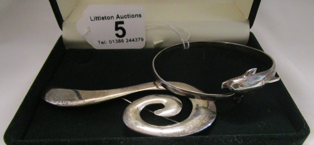 Silver dolphin bangle & brooch