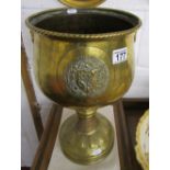 Large brass pedestal planter with coat-of-arms
