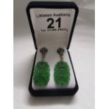 Pair of jade, diamond & emerald set drop earrings