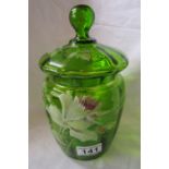 Victorian green glass hand painted jar & cover