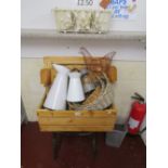 Pine box & kitchenalia to include enamel jug