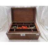 Wooden jewellery box - Contents to include silver & coral