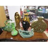 3 vases, china kettle, gilt angel & interesting green boat figurine