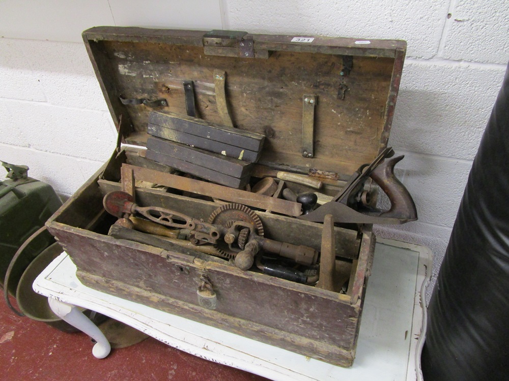 Wooden tool box & contents