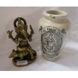 Small brass figure of Ganesh and Victorian 'Wigtownshire Creamery' pot