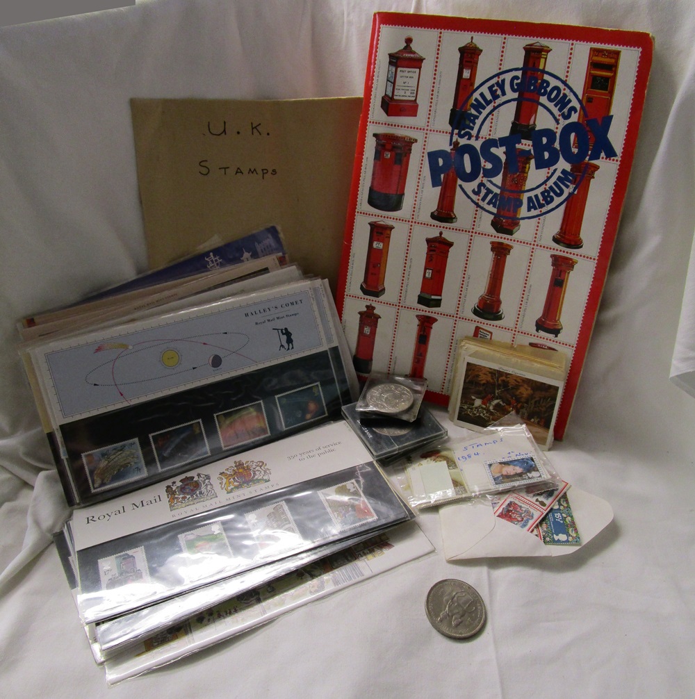 Large box of stamps, coins & cigarette cards