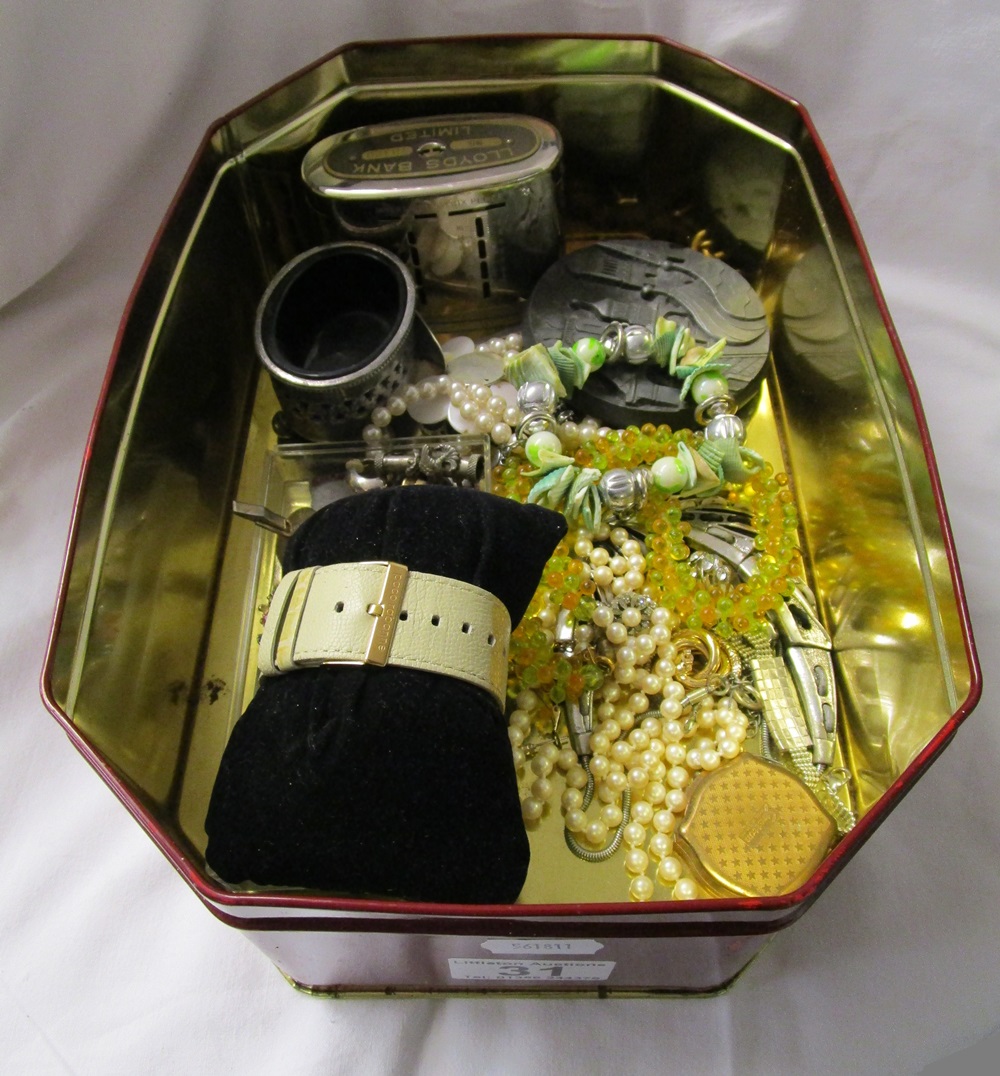 Tin of costume jewellery etc