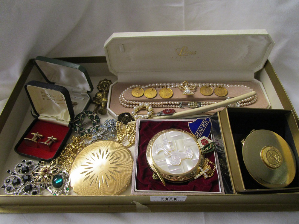 Large box of costume jewellery, compacts etc