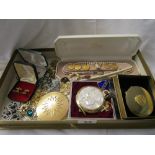 Large box of costume jewellery, compacts etc