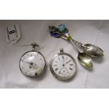2 silver fob watches A/F & 4 silver souvenir spoons