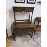 Linen-fold oak cupboard & small 2 drawer oak table