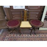 Pair mahogany & leather top side tables with walnut chair