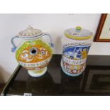 2 Majolica type Italian jars with covers