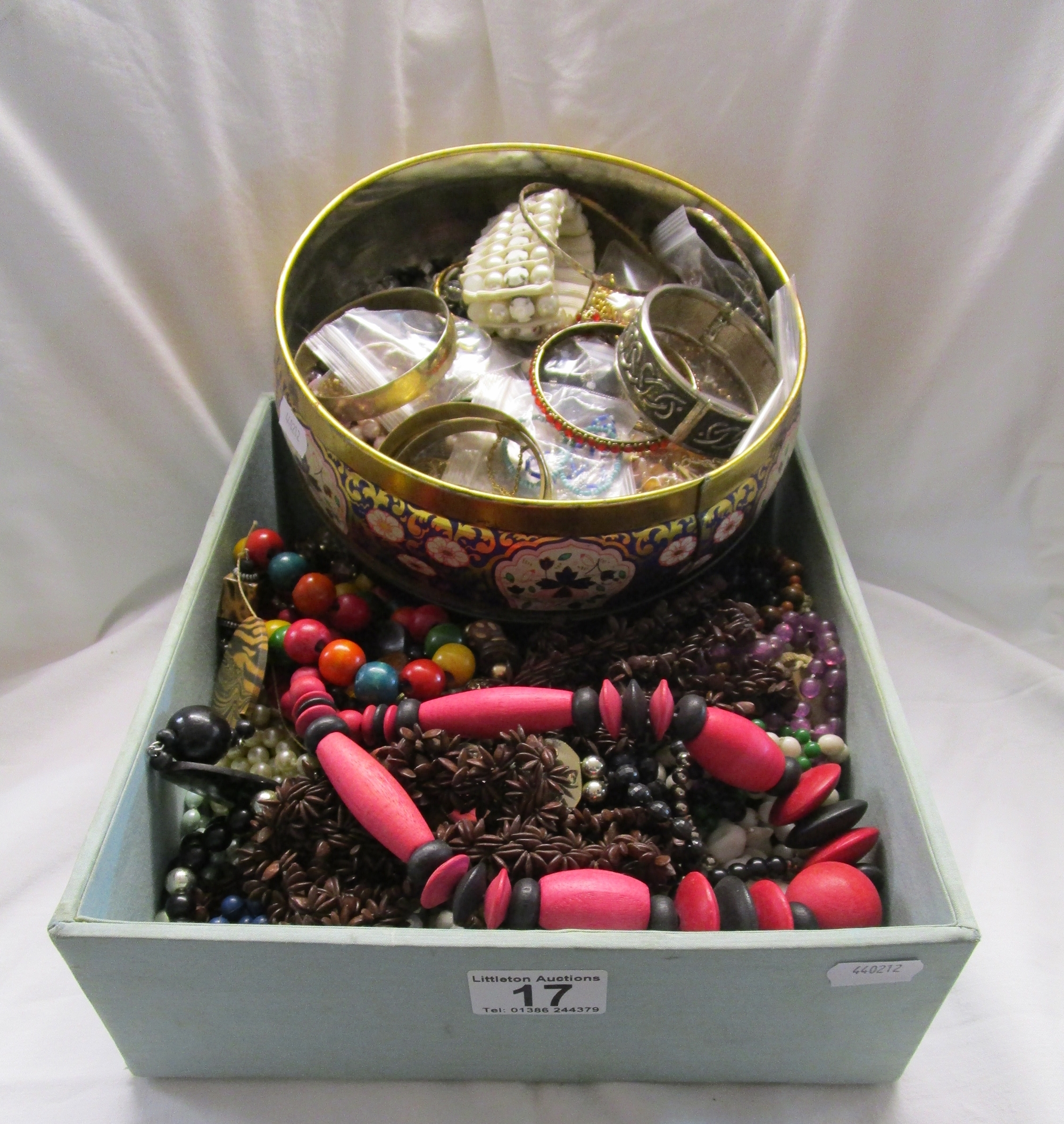 Tin & box of costume jewellery