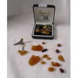 Harrods 1970's cufflinks (3 pairs), Amber cufflinks and other amber