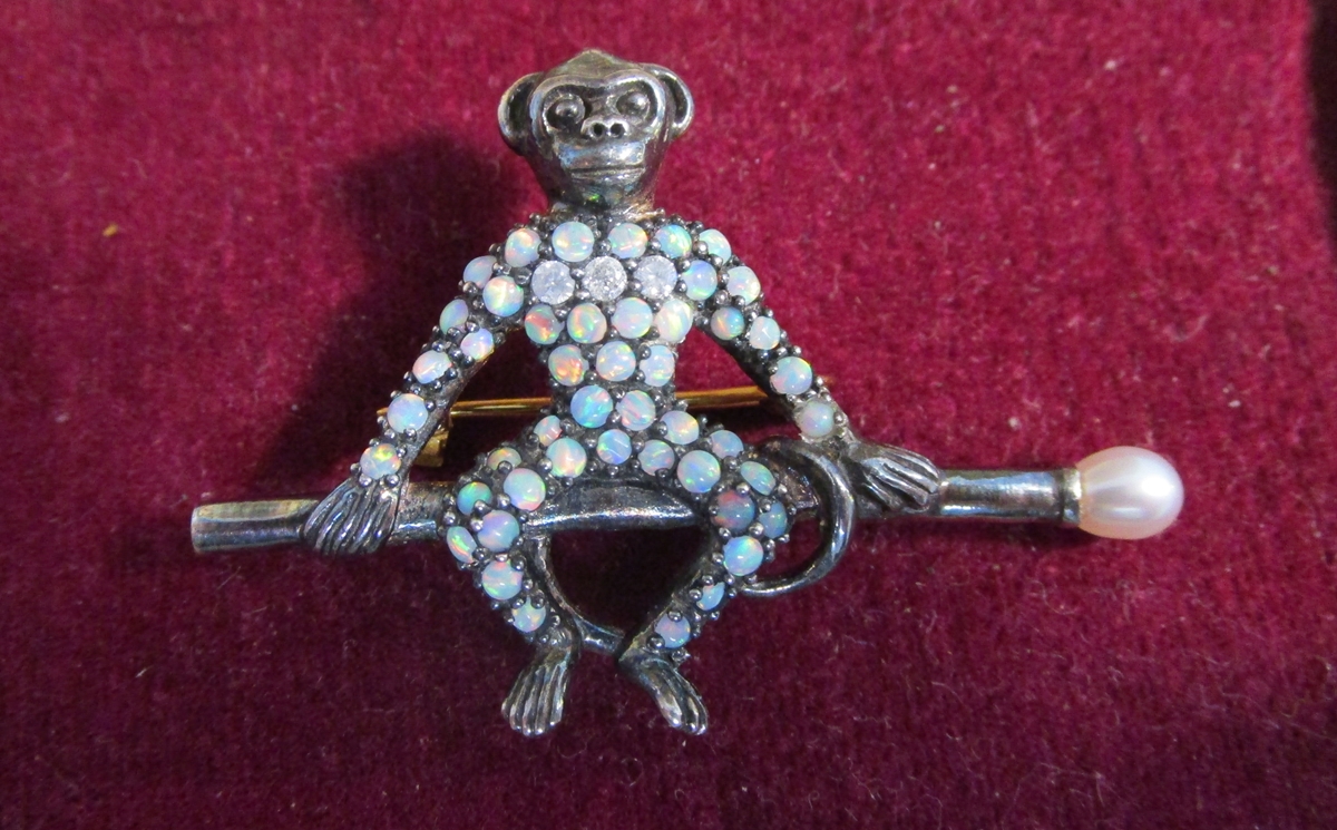 Opal & diamond set monkey brooch