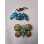 Silver and enamel owl & Plique a jour silver butterfly