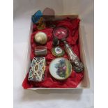 Good box of items to include a Victorian champleve enamel stamp box, agate snuff box and more