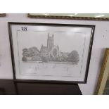 Print by Derek Allwood - Cricket & Worcester Cathedral