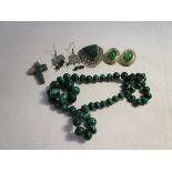 Malachite necklace and silver brooch and jade cross etc