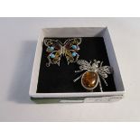 Silver and amber fly brooch and butterfly brooch