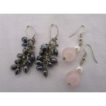 2 pairs of pearl earrings - 1 black pearl & 1 pearl with rose quartz