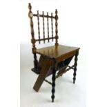 A Victorian oak metamorphic chair / library steps with turned spindle back and turned back supports