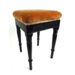 An 18th century and later oak stool, the upholstered seat on turned legs, h. 45 cm, w. 33 cm, d.
