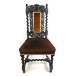 A Victorian oak single chair with brown draylon upholstery,