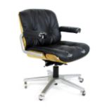 A Giroflex bentwood and black button upholstered office chair on a five star swivel base