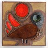 A Danish square tile wall plaque decorated with a stylised bird by Soholm,