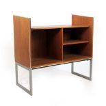 A 1970's Bang & Olufsen teak and aluminium banded music cabinet on a matching stand, l.